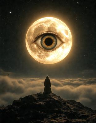 Primary subject: A person with a large eye, possibly a wizard, standing on a rock under a full moon.

Setting/background: The person is standing on a rock in a dark, cloudy sky, with a full moon in the background.

Visual style: The image is a digital art or illustration, featuring a person with a large eye and a full moon in the background.

Colors and mood: The image has a dark and moody atmosphere, with the person's large eye and the